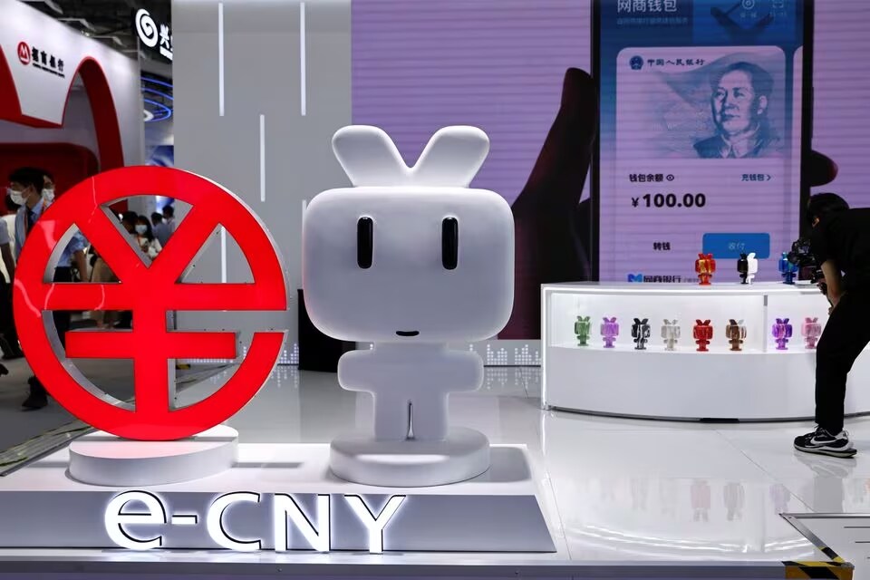 A sign for China's digital yuan, or e-CNY, is pictured at its booth during the 2022 China International Fair for Trade in Services (CIFTIS) in Beijing, China.