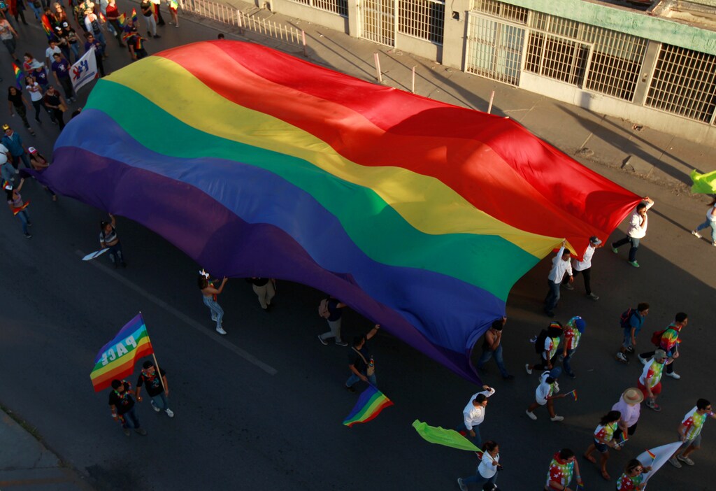 Members of the LGBT community carry a rainbow flag during a march in support of gay marriage, sexual and gender diversity in Ciudad Juarez, Mexico, June 10 2018. REUTERS/Jose Luis Gonzalez - RC1F2B2E6600