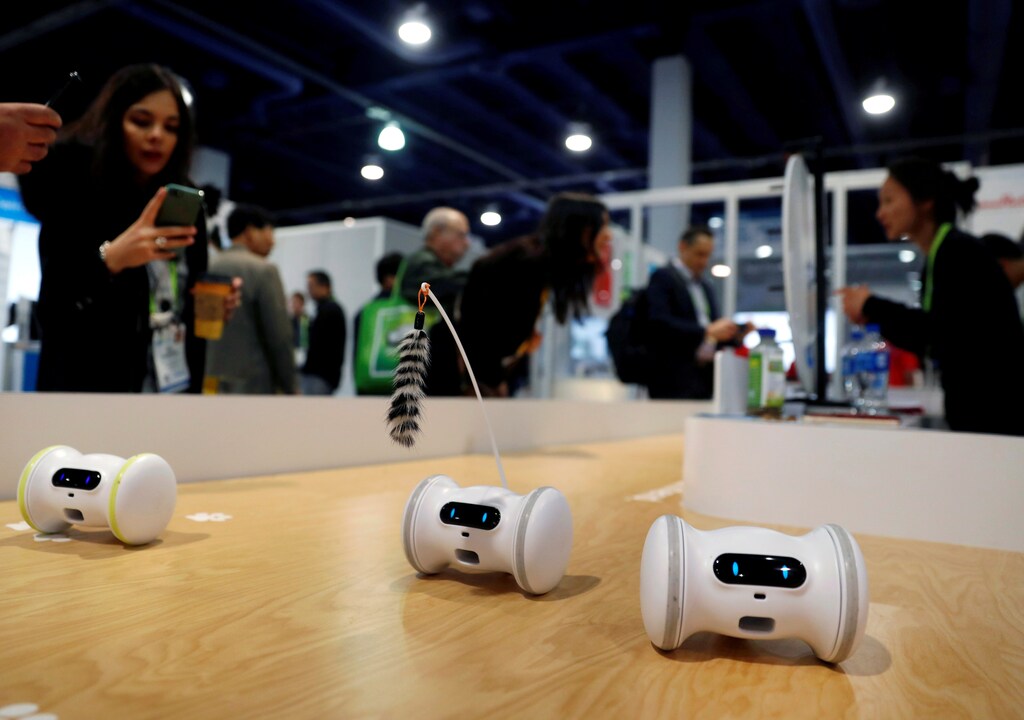 Pet fitness robots, which move automatically or are controlled with a smartphone, are displayed at the Varlam booth during the 2019 CES in Las Vegas, Nevada, U.S. January 9, 2019. REUTERS/Steve Marcus TPX IMAGES OF THE DAY - RC116DBA4A40