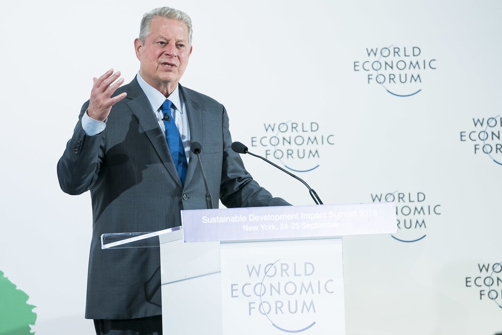 Al Gore speaks at Environmental Stewardship in the Sprint to 2020 at The World Economic Forum holds the Sustainable Development Impact Summit 2018