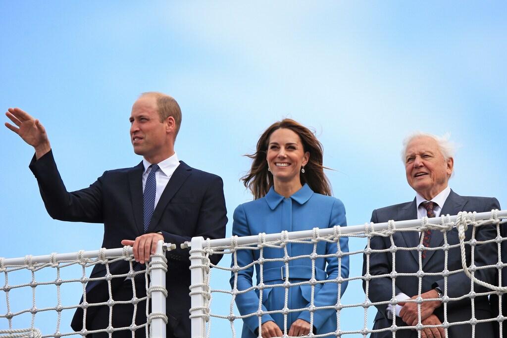 Britain's Prince William and Catherine, Duchess of Cambridge, join Sir David Attenborough during the naming ceremony for the new polar research ship RRS Sir David Attenborough at Cammell Laird shipyard in Birkenhead, Britain, September 26, 2019. Peter Byrne/Pool via REUTERS - RC1518866F80