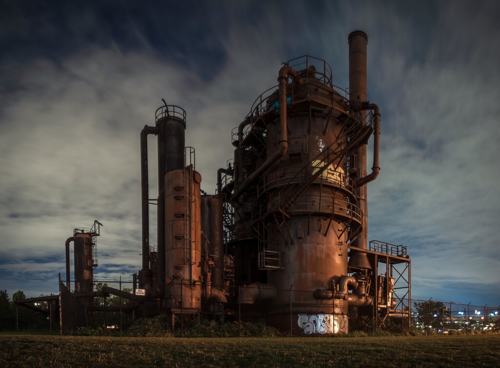 Rusty old oil refinery station