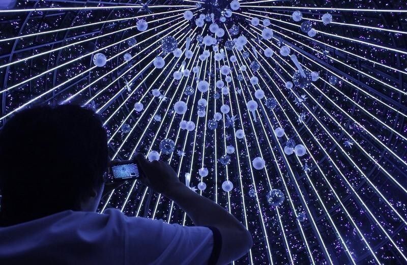 A man takes a picture of decorations inside a giant Christmas tree in front of the ION shopping center on Orchard Road in Singapore December 20, 2009. REUTERS/May Naji (SINGAPORE - Tags: BUSINESS SOCIETY IMAGES OF THE DAY) - RTXS1BM