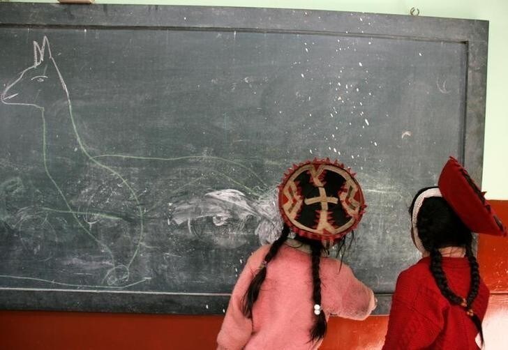 Andean girls in traditional Inca clothes draw a llama in school in the village of Huilloc in Cuzco April 10, 2008. Huilloc is a small community in the Andes Mountains known for specializing in hand-made weavings. The school in the village is attended by some 170 students, some of whom come from the surrounding highlands for classes. REUTERS/Pilar Olivares (PERU)