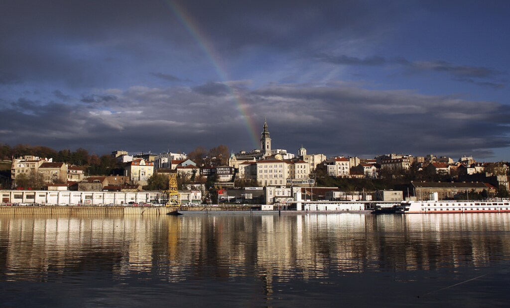 A rainbow is seen over downtown Belgrade, November 18, 2010.