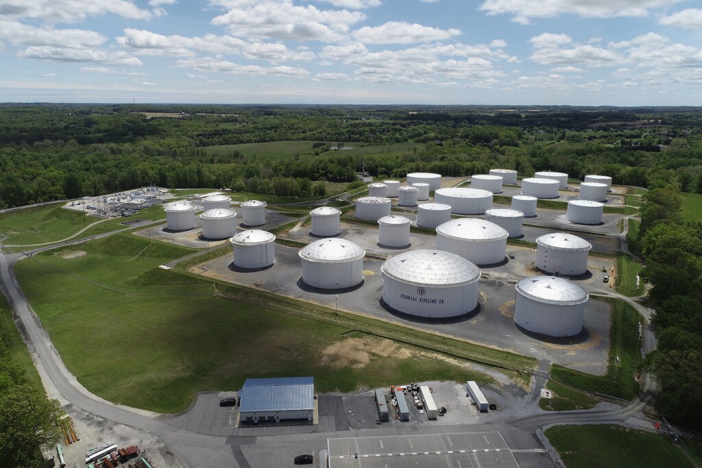 Holding tanks are seen in an aerial photograph at Colonial Pipeline's Dorsey Junction Station in Woodbine, Maryland, U.S. A cyberattack occurred there in May 2021.