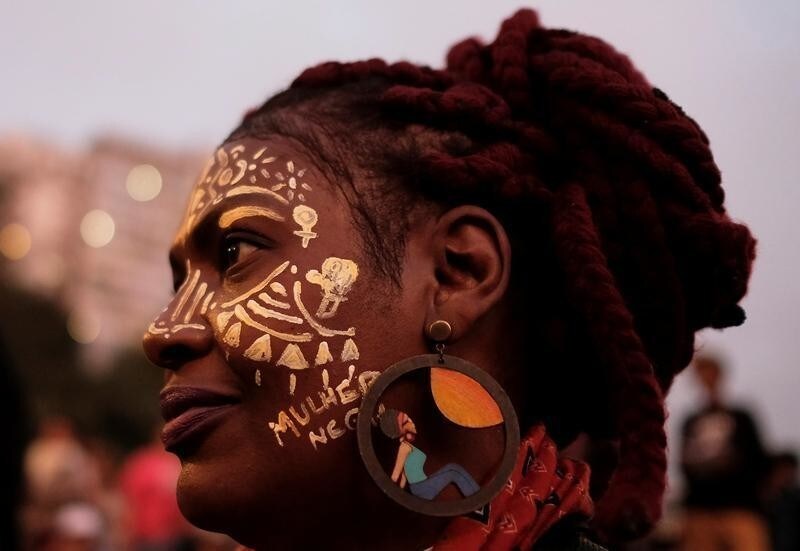 A demonstrator is pictured at a protest by black women against racism and machismo in Sao Paulo, Brazil July 25, 2018.
