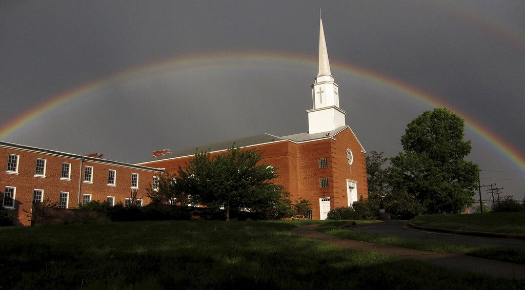 A rainbow is seen over a church in Arlington, Virginia after a localized burst of rain and hail, May 4, 2011. The weather was unseasonably cool and windy in the Washington area. REUTERS/Kevin Lamarque (UNITED STATES - Tags: ENVIRONMENT RELIGION IMAGES OF THE DAY) - GM1E7550NBI02