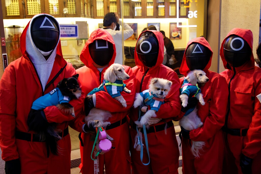 Cultural influence ... people and dogs wearing costumes inspired by Korean series Squid Game