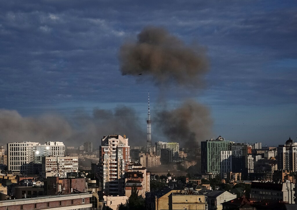 Smoke rises after a missile strike, as Russia's attack on Ukraine continues, in Kyiv, Ukraine.