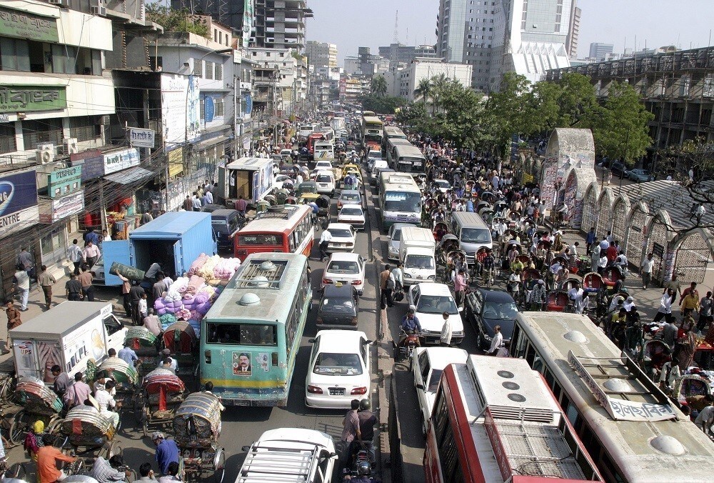 A view of traffic on a street on the first day after a week-long nationwide transport blockade in Dhaka, November 26, 2006.