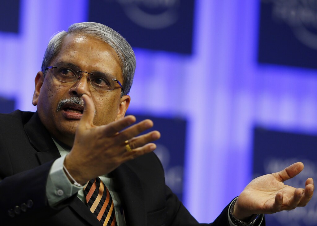 Vice Executive Chairman of Infosys, Kris Gopalakrishnan speaks during a session at the World Economic Forum in Davos.