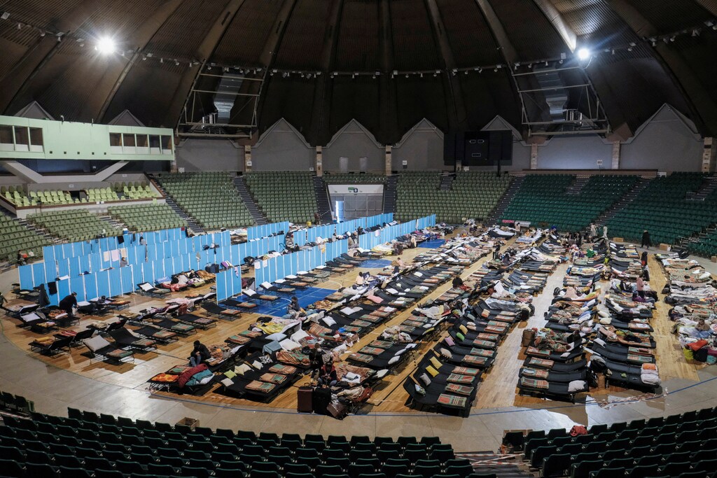A sports and entertainment hall transformed into an accommodation facility for Ukrainian refugees in Poznan, Poland.