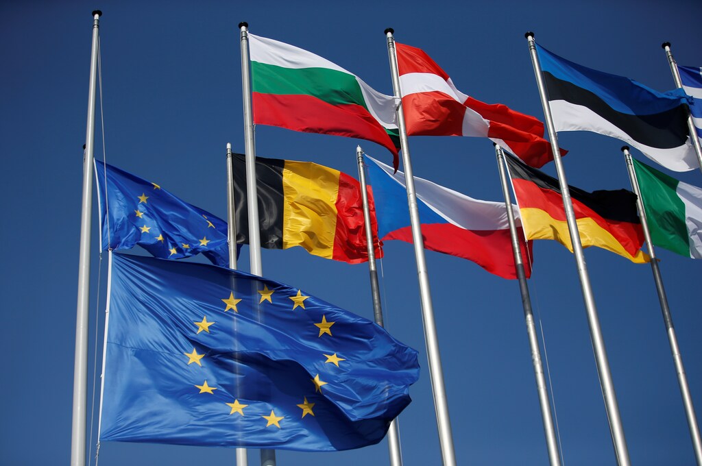 Flags fly in front of the European Parliament on the eve of the start of a plenary session at the European Parliament in Strasbourg, France, July 1, 2019. REUTERS/Vincent Kessler - RC1C661272E0