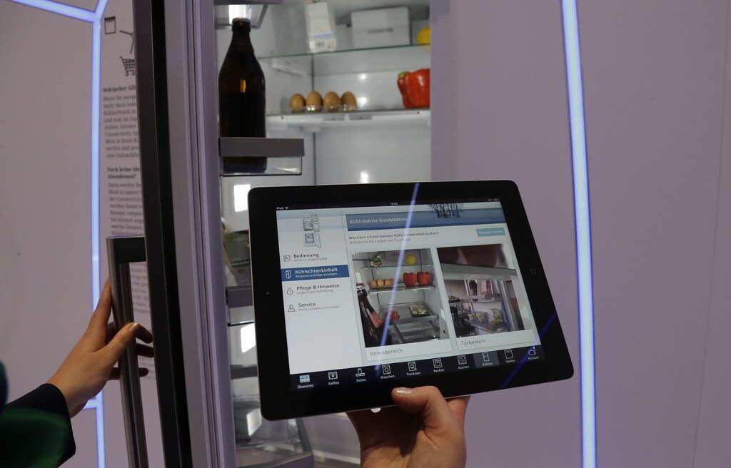 An app shows the inside of a fridge, that has cameras and a link to a network onboard, during the opening day of the IFA consumer electronics fair in Berlin September 6, 2013.