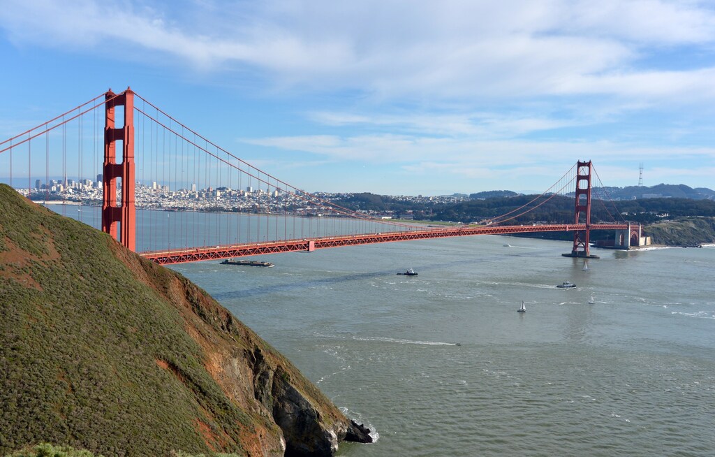 Feb 6, 2016; San Francisco, CA, USA; A general view of the Golden Gate Bridge and the skyline of downtown San Francisco prior to Super Bowl 50 between the Denver Broncos and the Carolina Panthers. Mandatory Credit: Kirby Lee-USA TODAY Sports - 9099349
