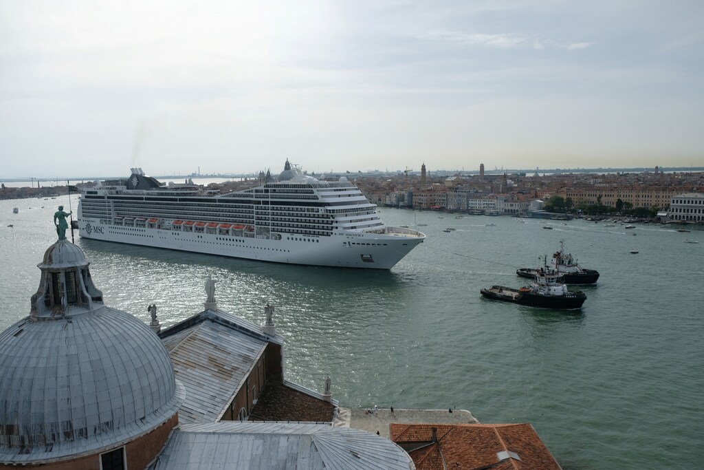 A cruise ship passes in the Giudecca Canal in Venice.