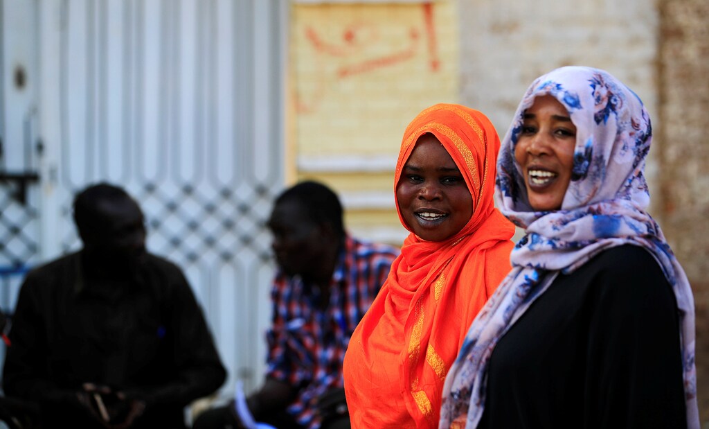 Sudanese women stand in a street in Khartoum, Sudan, April 30, 2019.