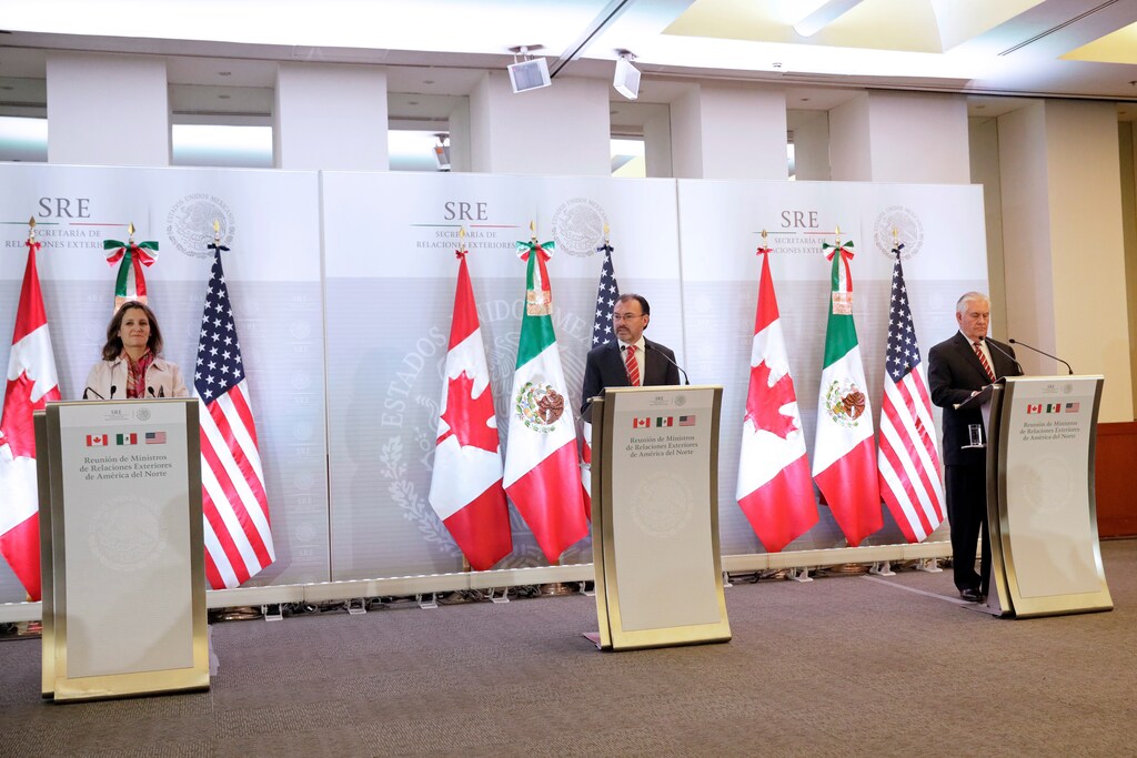 The Canadian, Mexican and US foreign secretaries hold a news conference in Mexico City, February.