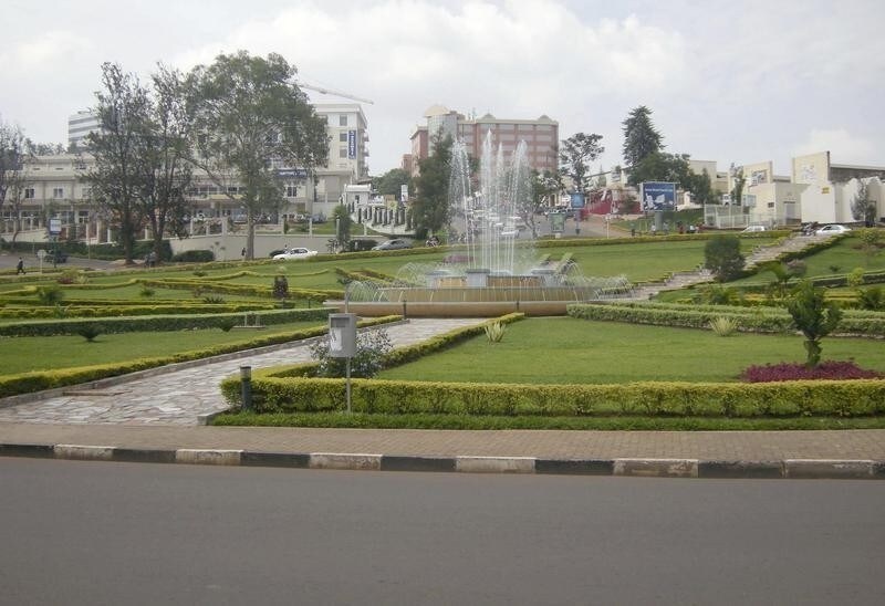 A water fountain is seen in the middle of a roundabout in Rwanda's capital Kigali, November 24, 2008.