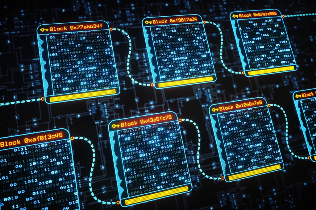 An abstract digital interface showing the concept of blockchain technology with binary hash data inside each block. As the tokenization of financial assets picks up pace, institutions must navigate the paradox of programmability.