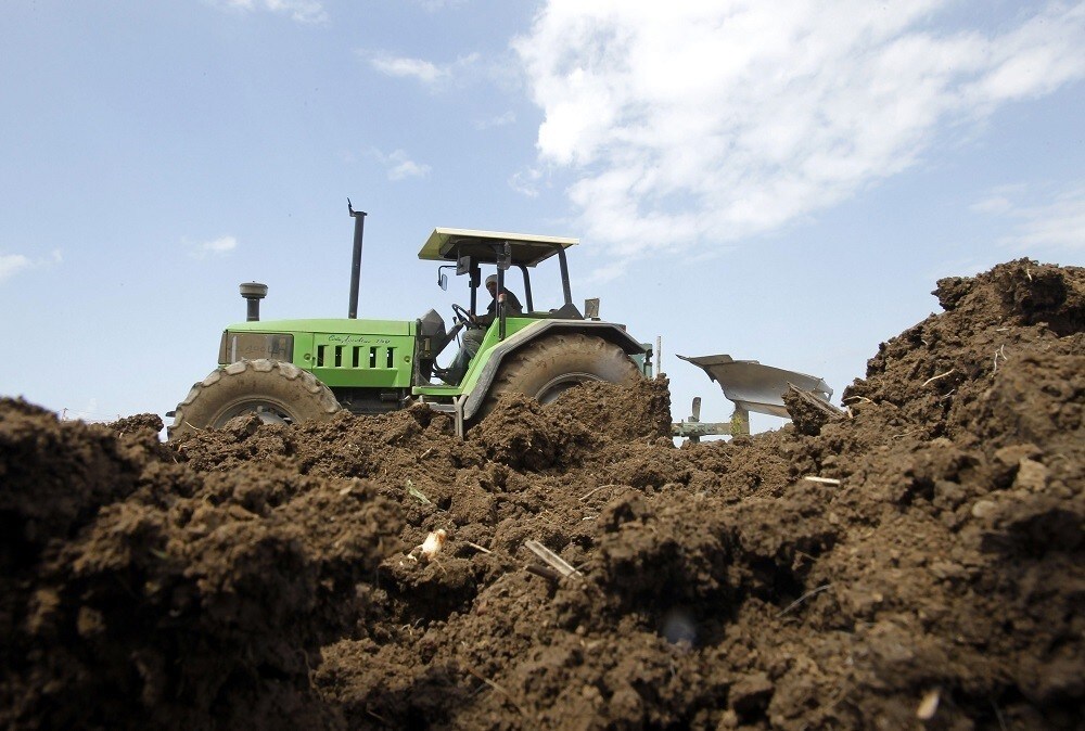 A farmer operates a tractor while tilling soil to grow potatoes in Reghaia area, east of Algiers April 23, 2013. The farmers earn on average $12 a day. Picture taken April 23, 2013. REUTERS/Louafi Larbi (ALGERIA - Tags: AGRICULTURE BUSINESS EMPLOYMENT) - RTXZ8