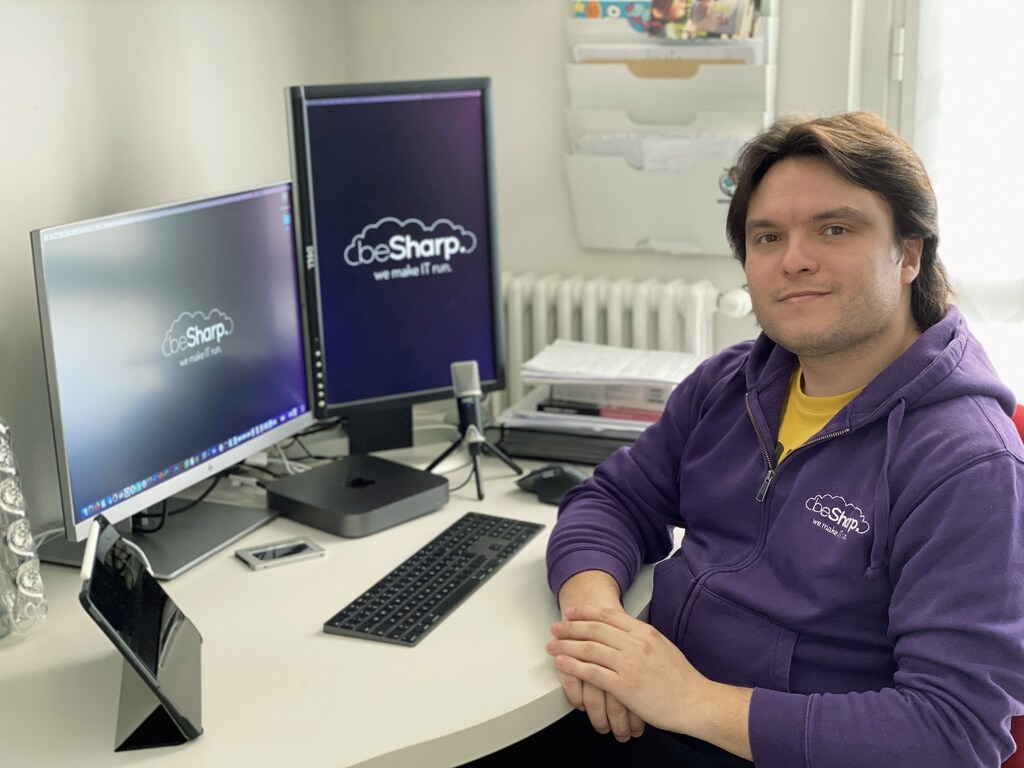 Simone Merlini, chief executive officer, chief technology officer and co-founder of Italian IT consulting company beSharp, is pictured at his office, where he has been helping clients prepare to work from home amid coronavirus-related lockdowns, in Pavia, Italy, March 13, 2020.