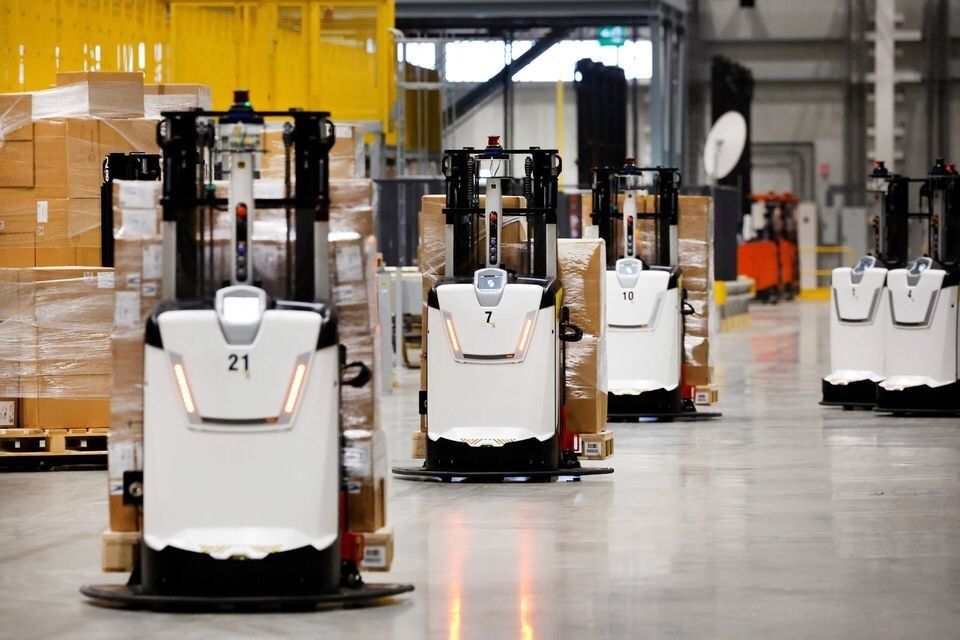 Autonomous guided vehicles are seen at Primark's warehouse in Roosendaal, Netherlands.