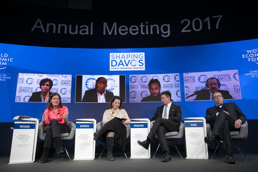 The panel Toomas Hendrik Ilves, President of Estonia (2006-2016), Beth Simone Noveck, Professor; Director, Governance Lab, Yale University, USA, Anton Grachev, High Technology Technopark IT-park Director, Russia, moderated by Ngaire Woods, Dean Blavatnik School of Government, University of Oxford, UK, speaking during the session: Shaping Davos: Pioneering Change in the Fourth Industrial Revolution, at the Annual Meeting 2017 of the World Economic Forum in Davos, January 20, 2017Copyright by World Economic Forum / Ciaran McCrickard