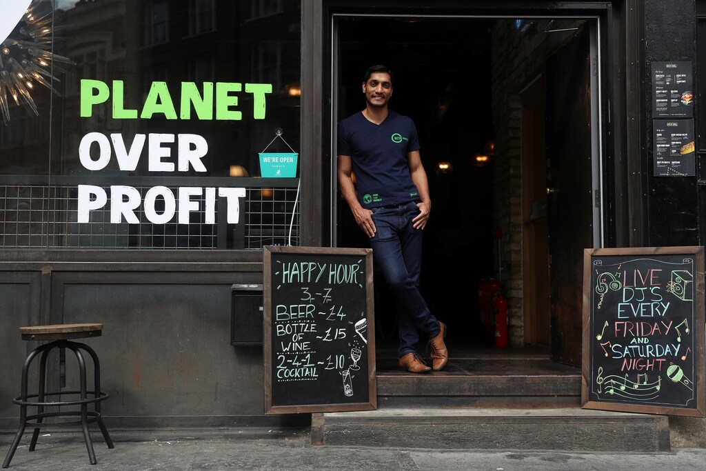 Randy Rampersand, founder of the Green Vic, who is aiming to create the world's most ethical pub, poses for a photograph in Shoreditch, London, Britain July 5, 2019. Picture taken July 5, 2019. REUTERS/Simon Dawson - RC1A11078C00