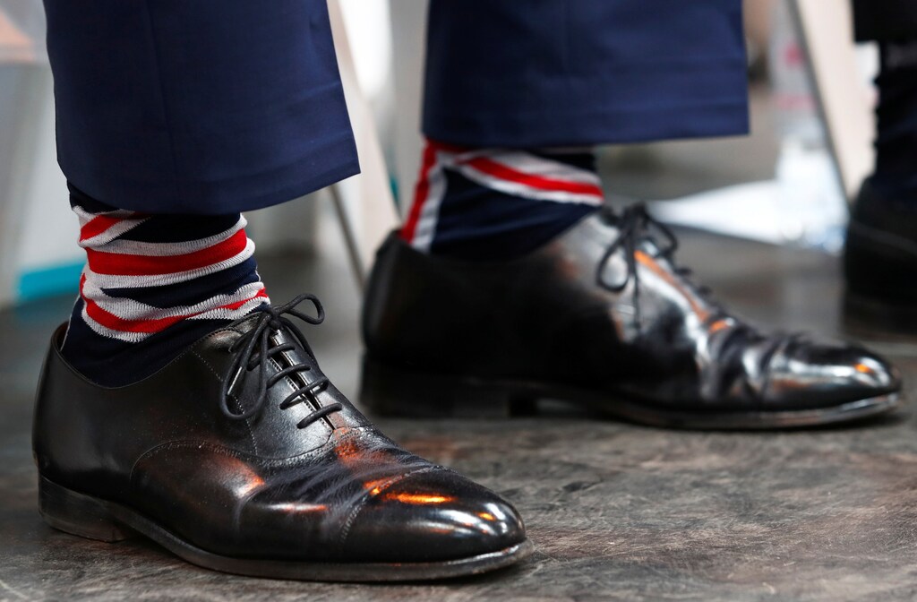 Nigel Farage's socks are seen as he attends the launch of the newly created 'Brexit Party' campaign for the European elections, in Coventry, Britain April 12, 2019. REUTERS/Eddie Keogh - RC1A8C2D6720