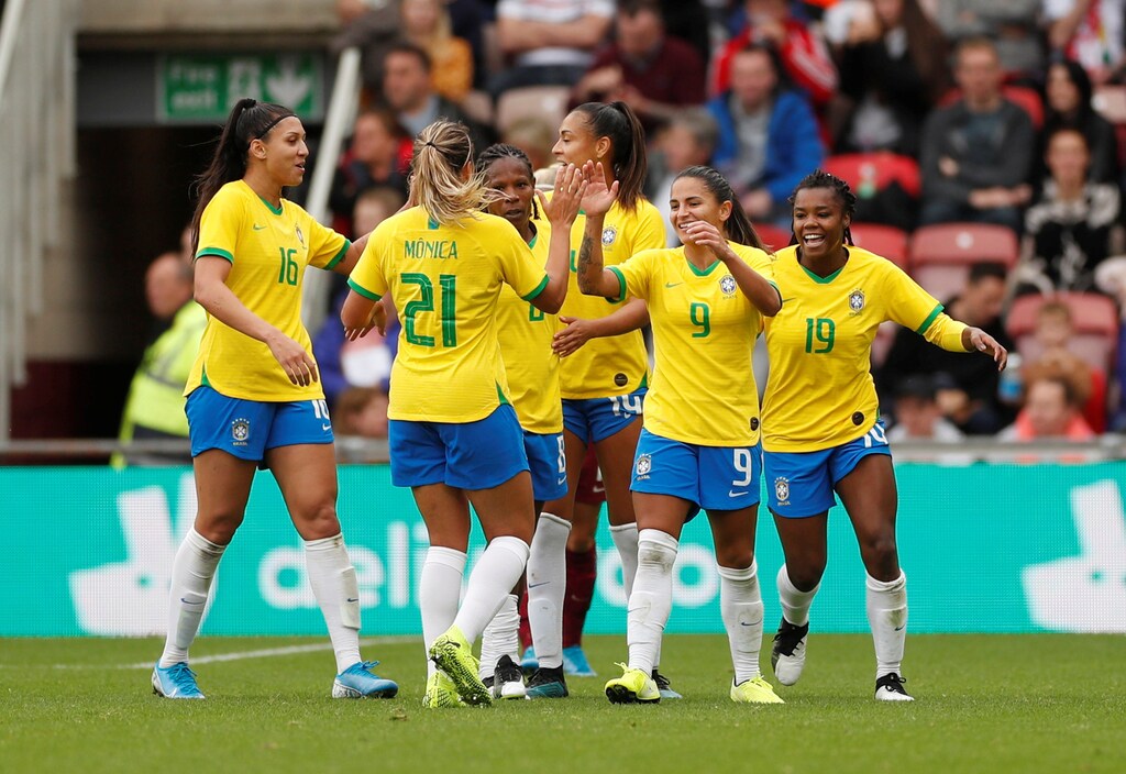 Soccer Football - Women's International Friendly - England v Brazil - Riverside Stadium, Middlesbrough, Britain - October 5, 2019 Brazil's Debinha celebrates scoring their second goal with team mates Action Images via Reuters/Lee Smith - RC17DB097B60