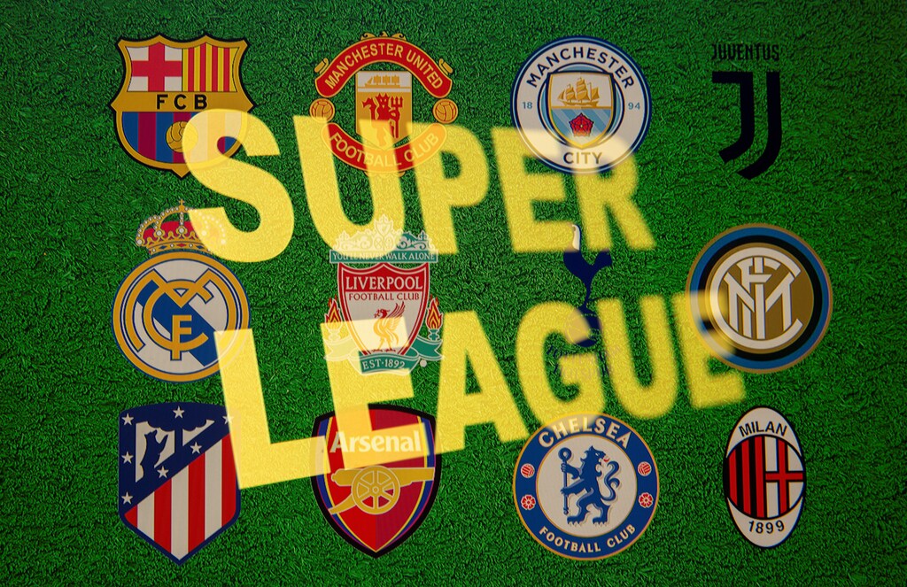 Super League words are seen in front of twelve of Europe's top football clubs logos in this illustration taken April 19, 2021.