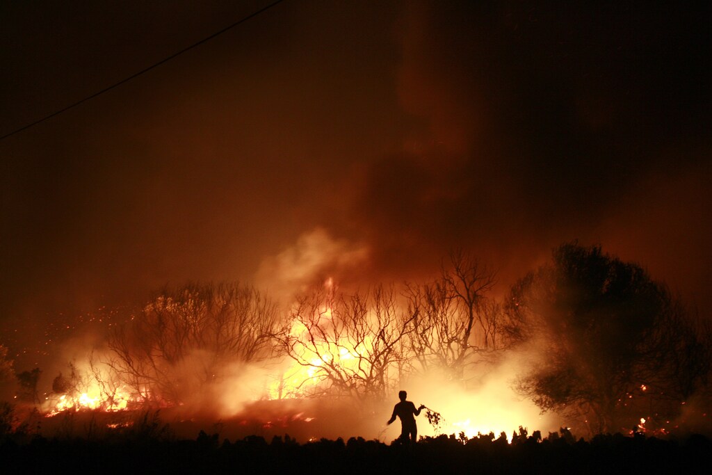 A volunteer tries to extinguish a forest fire in the village of Kato Souli, about 50 km (31 miles) northwest of Athens, August 23, 2009. A huge wildfire fanned by strong winds cut a swathe of destruction near Athens on Sunday, burning houses, razing large patches of forest and sending thousands fleeing their homes, authorities said. REUTERS/John Kolesidis (GREECE DISASTER IMAGES OF THE DAY) - GM1E58O0CSL01