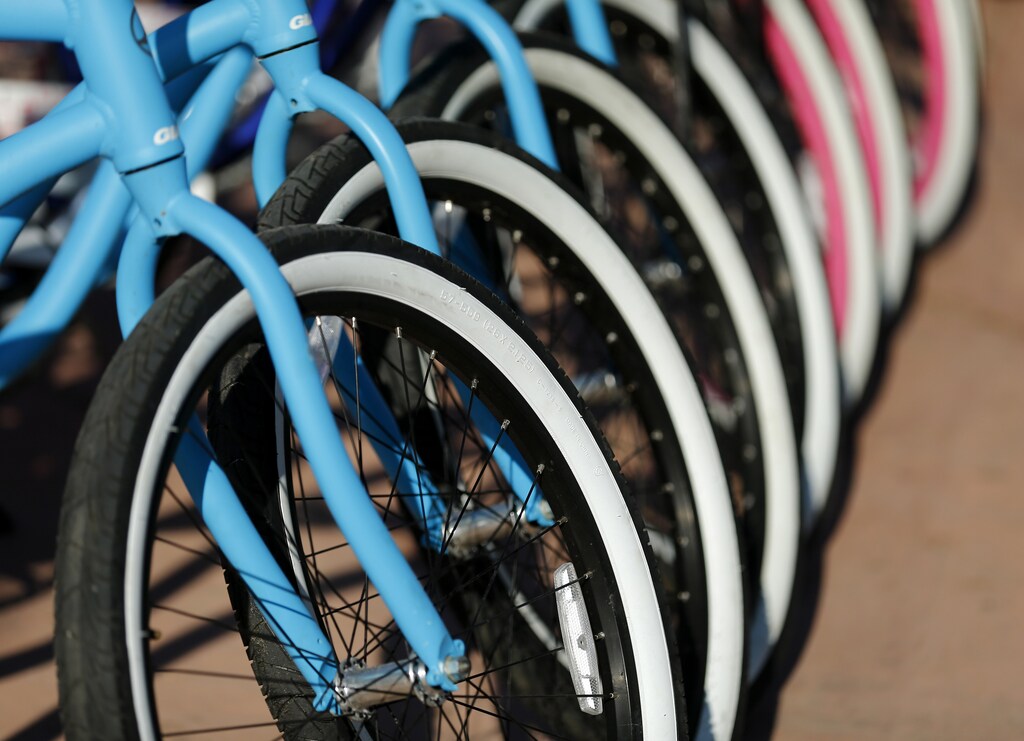 Rental bikes are pictured at a bike rental shop along the beach in Oceanside, California