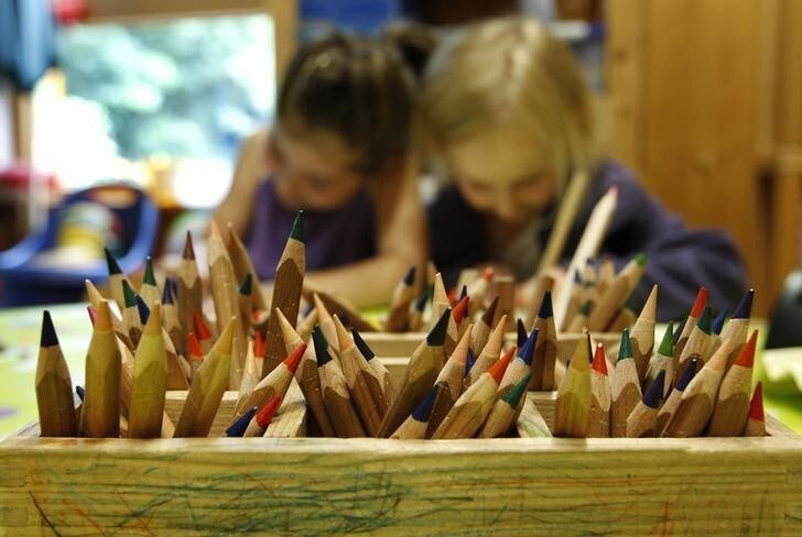 Colour pencils are pictured as children draw at a nursery school in Eichenau near Munich June 18, 2012. German Chancellor Angela Merkel is looking to establish a childcare allowance for stay-at-home mothers. The draft law, known as Betreuungsgeld, will provide mothers who stay at home with their children, about 150 Euros ($190) per month. Picture taken 18, 2012. REUTERS/Michaela Rehle (GERMANY - Tags: EDUCATION POLITICS)