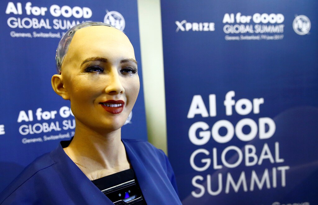 Sophia, a robot integrating the latest technologies and artificial intelligence developed by Hanson Robotics is pictured during a presentation at the "AI for Good" Global Summit at the International Telecommunication Union (ITU) in Geneva, Switzerland June 7, 2017. REUTERS/Denis Balibouse - RTX39EYV