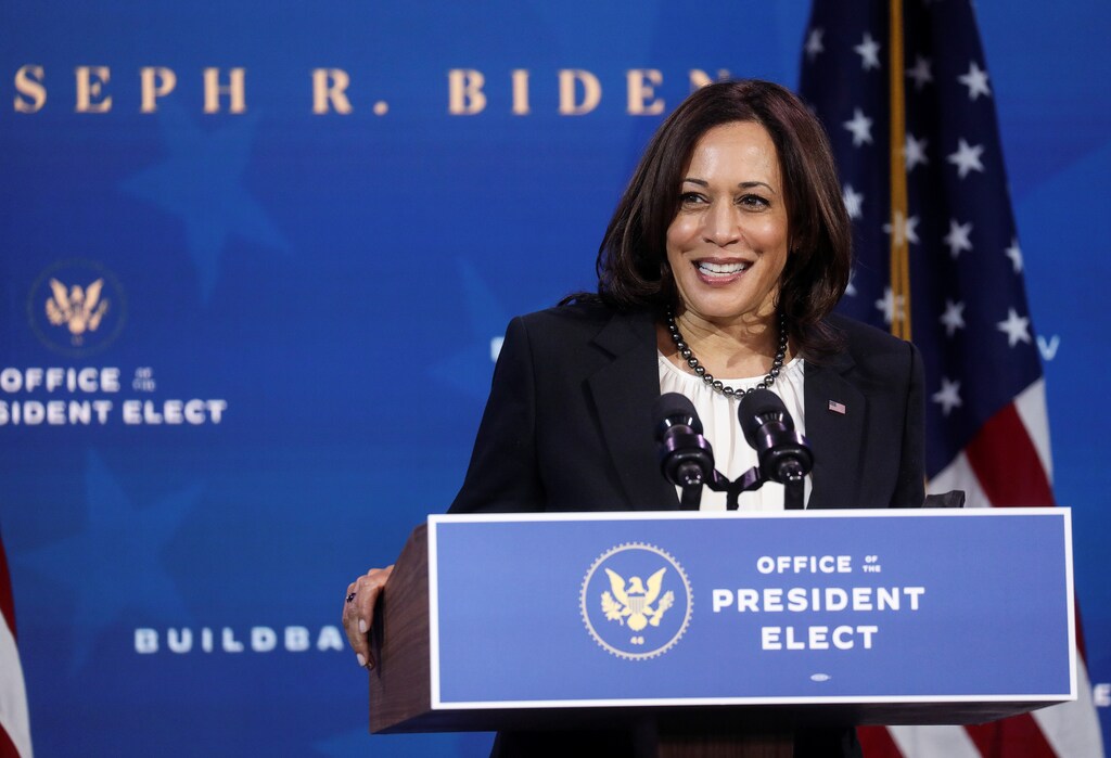 U.S. Vice President-elect Kamala Harris speaks as she and U.S. President-elect Joe Biden announce nominees and appointees to serve on their economic policy team at his transition headquarters in Wilmington, Delaware, U.S., December 1, 2020. REUTERS/Leah Millis - RC2IEK9VYZ3Q