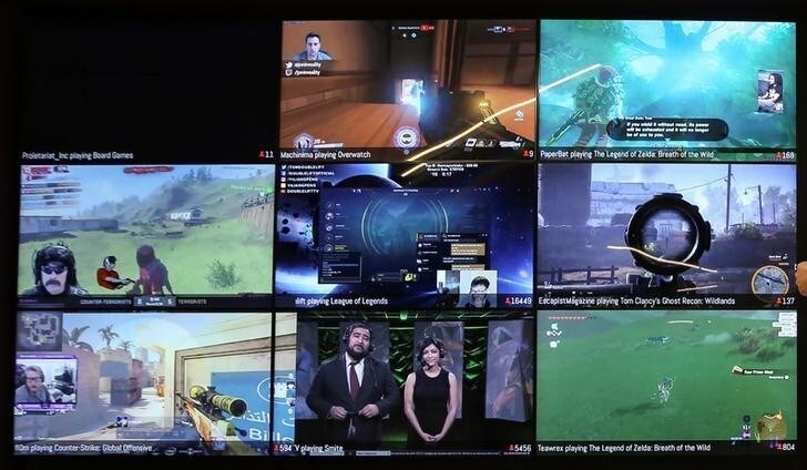 A wall of real-time video game play is seen in the lobby of Twitch Interactive Inc, a social video platform and gaming community owned by Amazon, in San Francisco, California, U.S., March 6, 2017. REUTERS/Elijah Nouvelage