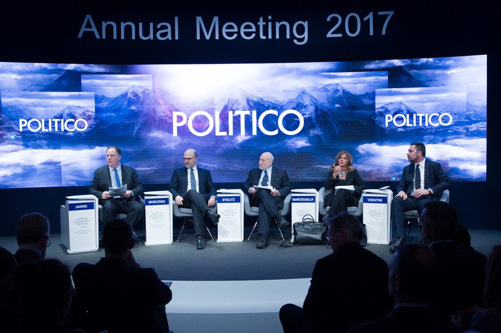 John Harris, Editor-in-Chief, Politico, USA, Pierre Moscovici, Commissioner, Economic and Financial Affairs, Taxation and Customs, European Commission, Brussels, Joseph E. Stiglitz, Professor, School of International and Public Affairs (SIPA), Columbia University, USA, Emma Marcegaglia, Chairman, Eni, Italy, Luca Visentini, General Secretary, European Trade Union Confederation (ETUC), Belgium. speaking during the session: Fixing Europe's Disunion at the Annual Meeting 2017 of the World Economic Forum in Davos, January 18, 2017Copyright by World Economic Forum / Greg Beadle