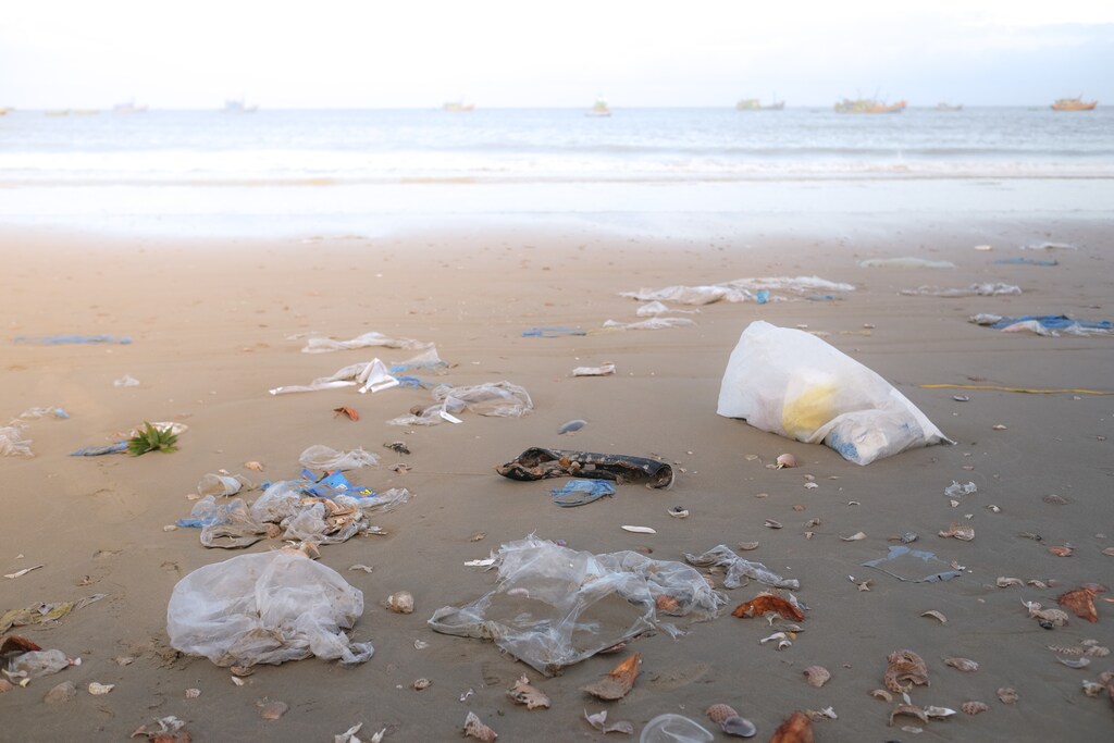 Stock image of trash, plastic bag, bottle on the beach. Plastics and other waste that pollute the ocean environment