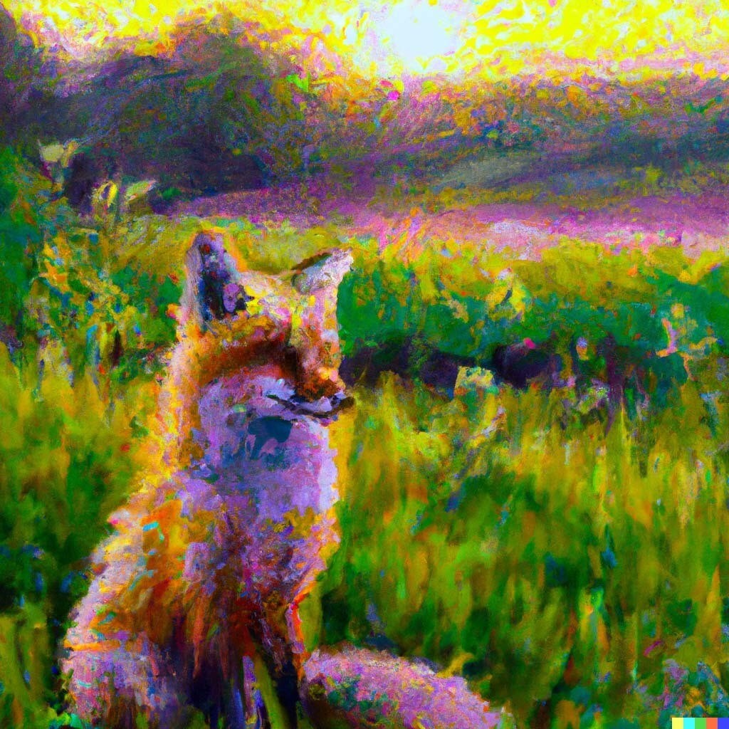 An AI-generated painting of a fox sitting in a field at sunrise in the style of Claude Monet.