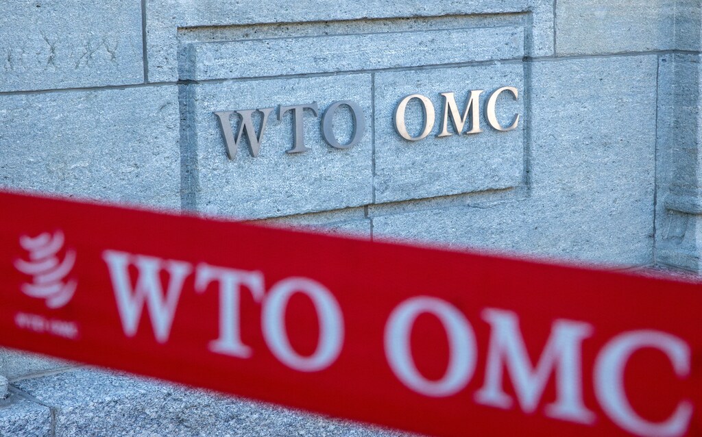A logo is seen at the World Trade Organization (WTO) headquarters before a news conference in Geneva, Switzerland, October 5, 2022. REUTERS/Denis Balibouse