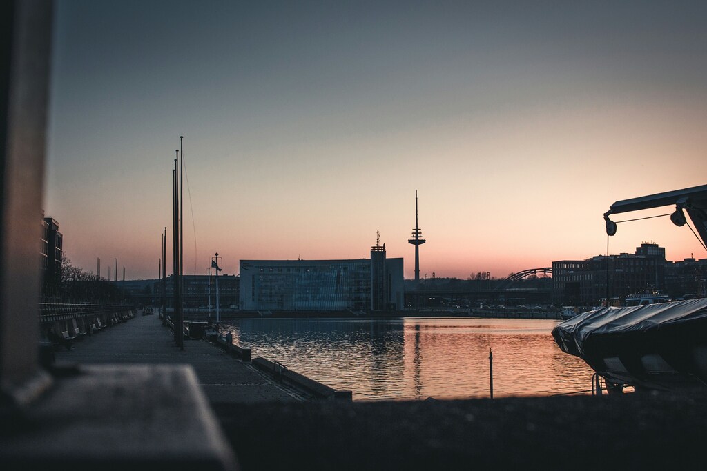 View of sunset in Kiel, Germany.