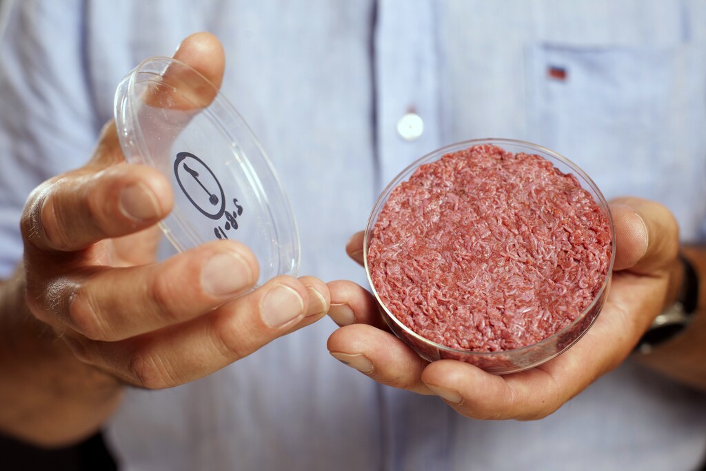 Professor Mark Post holds the world's first lab-grown beef burger during a launch event in west London, August 2013.