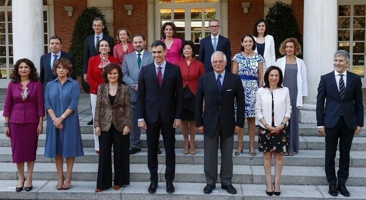 Spain's Prime Minister Pedro Sanchez and cabinet ministers pose for a family photo before their cabinet meeting at the Moncloa Palace in Madrid, Spain July 6, 2018. REUTERS/Juan Medina