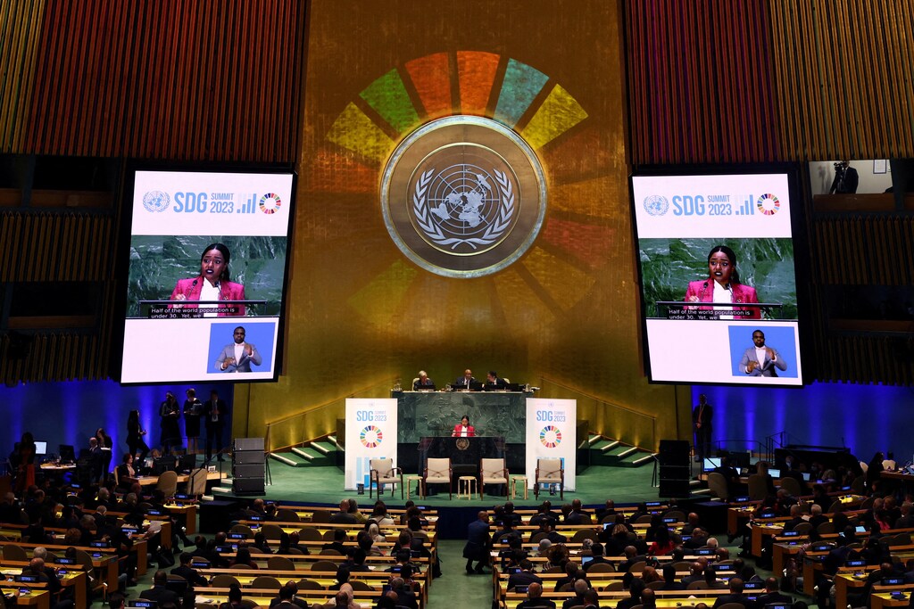 Youth representative Ayakha Melithafa, speaks during the opening of the Sustainable Development Goals (SDG) Summit 2023, at U.N. headquarters in New York City, New York, U.S., September 18, 2023.
