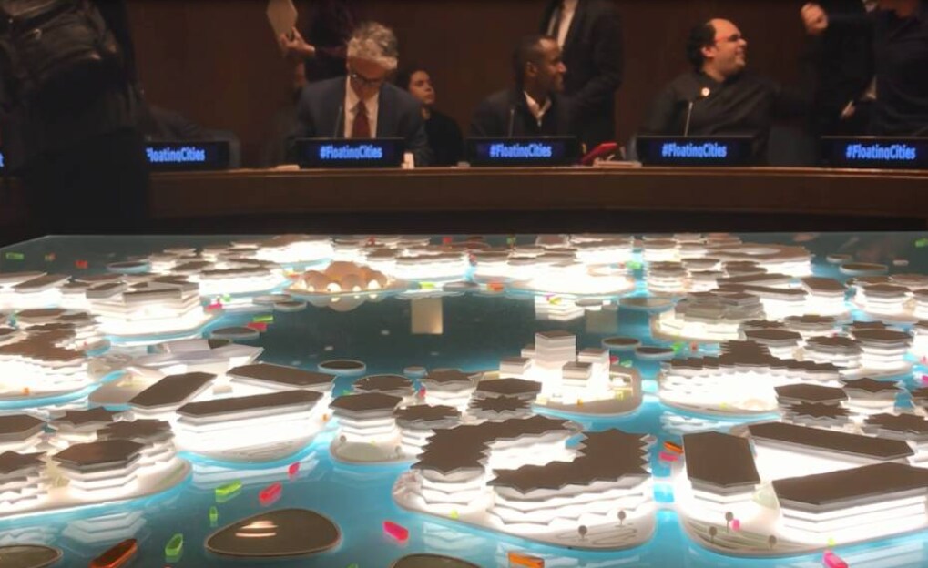 A 3D model of a floating city is on display at a United Nations meeting on floating cities on April 3, 2009, in New York City, United States.