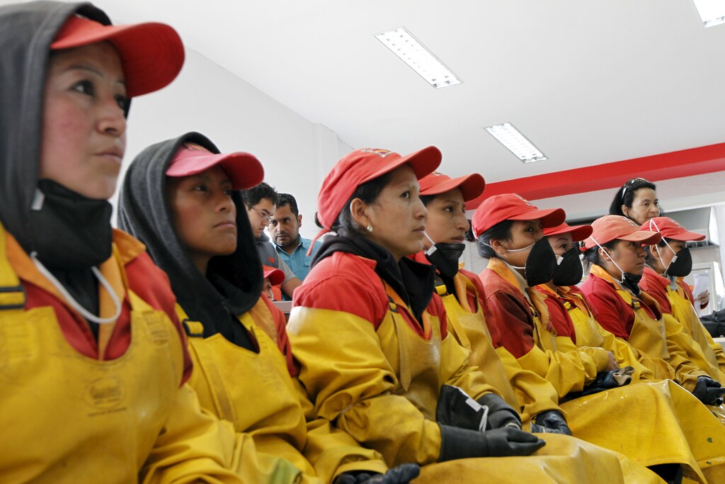 Female workers at a flower farm are seen at the Quito Inor Flowers company in Boliche, Ecuador