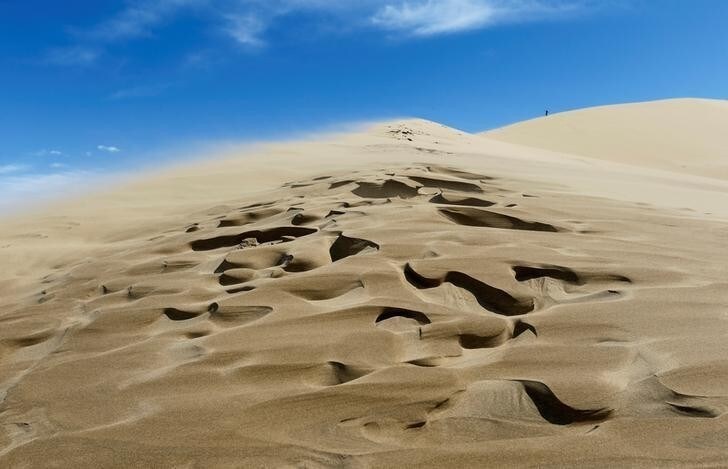 A tourist stands at an edge of the singing sand, the 150-metre-high by three-kilometre-long dune that generates a low-pitched, organ-like rumble in dry weather, in Altyn-Emel national park in Almaty region, Kazakhstan, May 12, 2016. REUTERS/Shamil Zhumatov SEARCH "SINGING SANDS" FOR THIS STORY. SEARCH "THE WIDER IMAGE" FOR ALL STORIES TPX IMAGES OF THE DAY